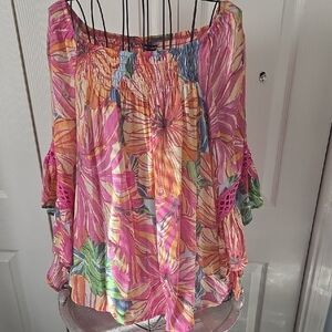 Unique Spectrum Floral Off-Shoulder Blouse - Pink, Orange, and Green